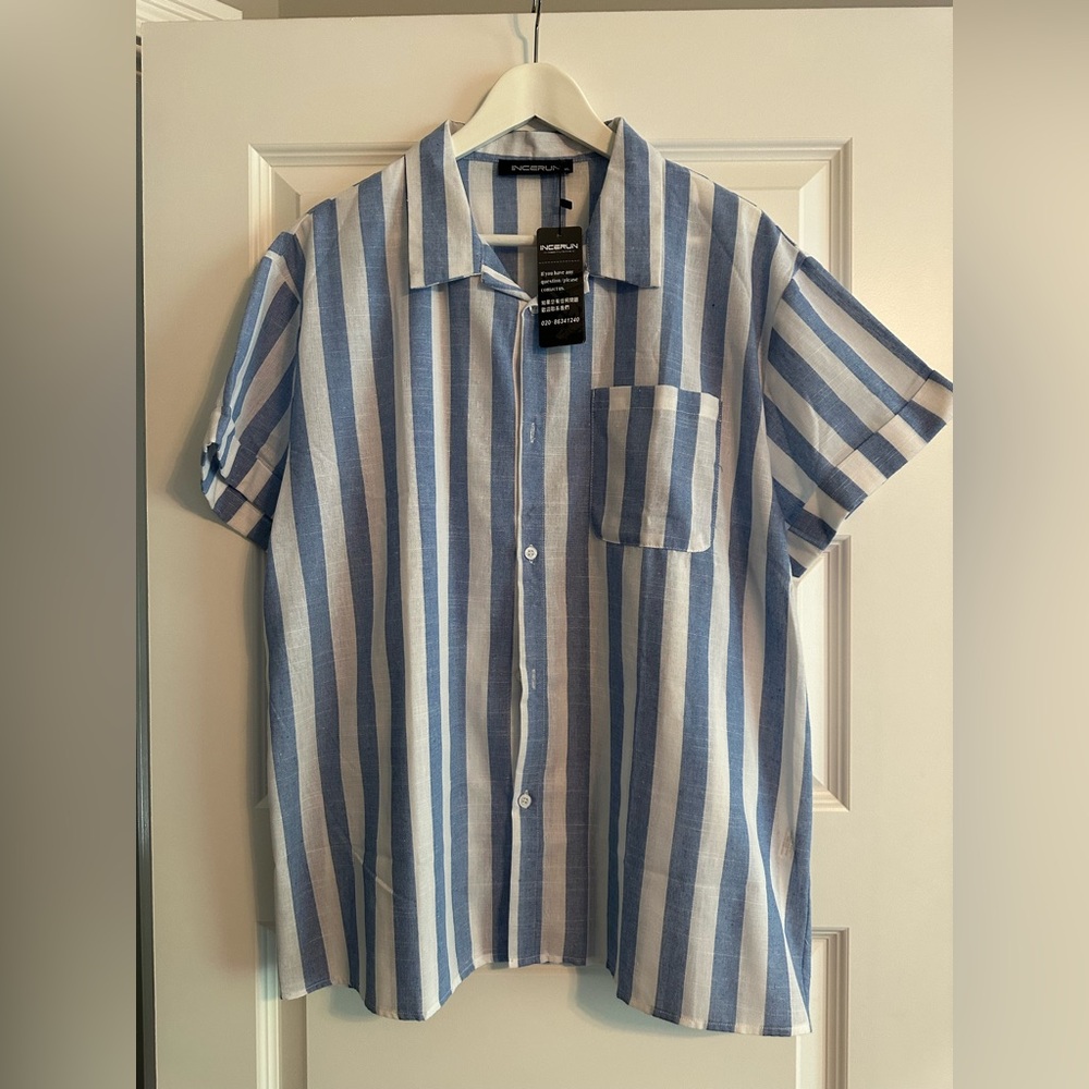 Blue and White Striped Casual Button Down Shirt